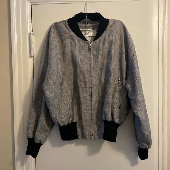 Alan Austin Beverly Hills 100% Linen Black White Plaid Bomber Jacket Size 42/ SM - Picture 1 of 15